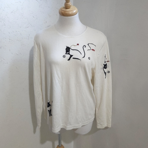Alia | Vintage Chic Cat Print Sweater - Cream and Black - Picture 2 of 11